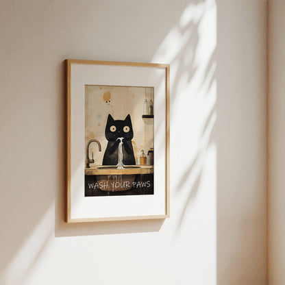 A framed art print featuring a black cat washing its paws at a sink, hung on a warm beige wall with soft window shadows cast across it.