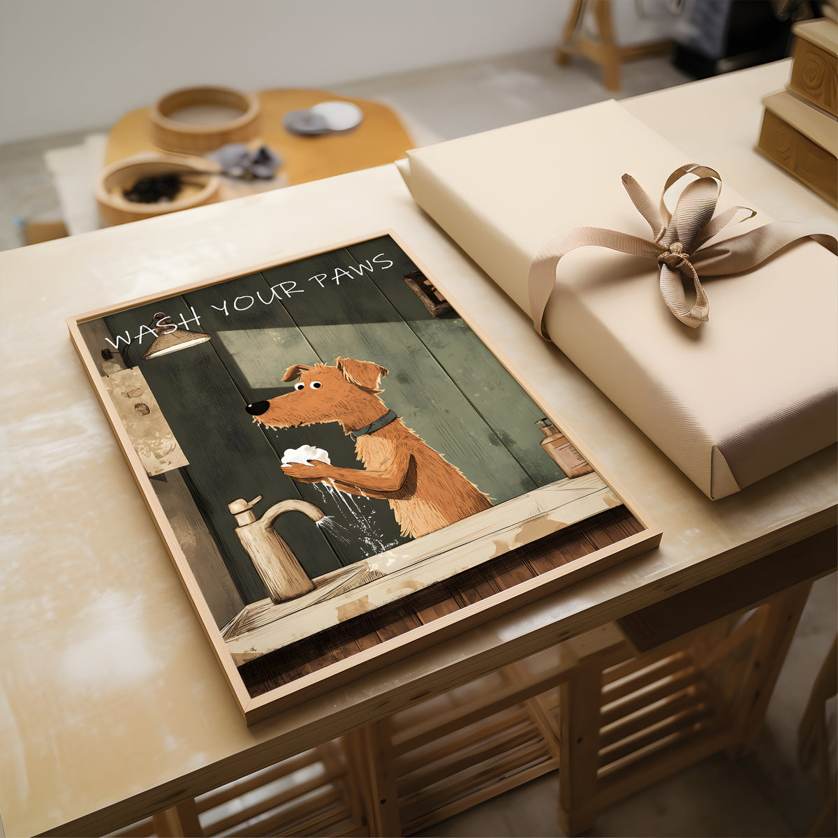 A framed art print featuring a cartoon dog washing its paws with the text 'WASH YOUR PAWS' lies on a light wood table next to a wrapped gift box. The print has a rustic, weathered design with a brown dog, a faucet, and a dark green background.