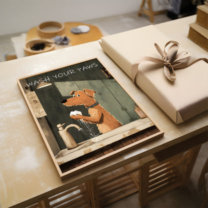 A framed art print featuring a cartoon dog washing its paws with the text 'WASH YOUR PAWS' lies on a light wood table next to a wrapped gift box. The print has a rustic, weathered design with a brown dog, a faucet, and a dark green background.