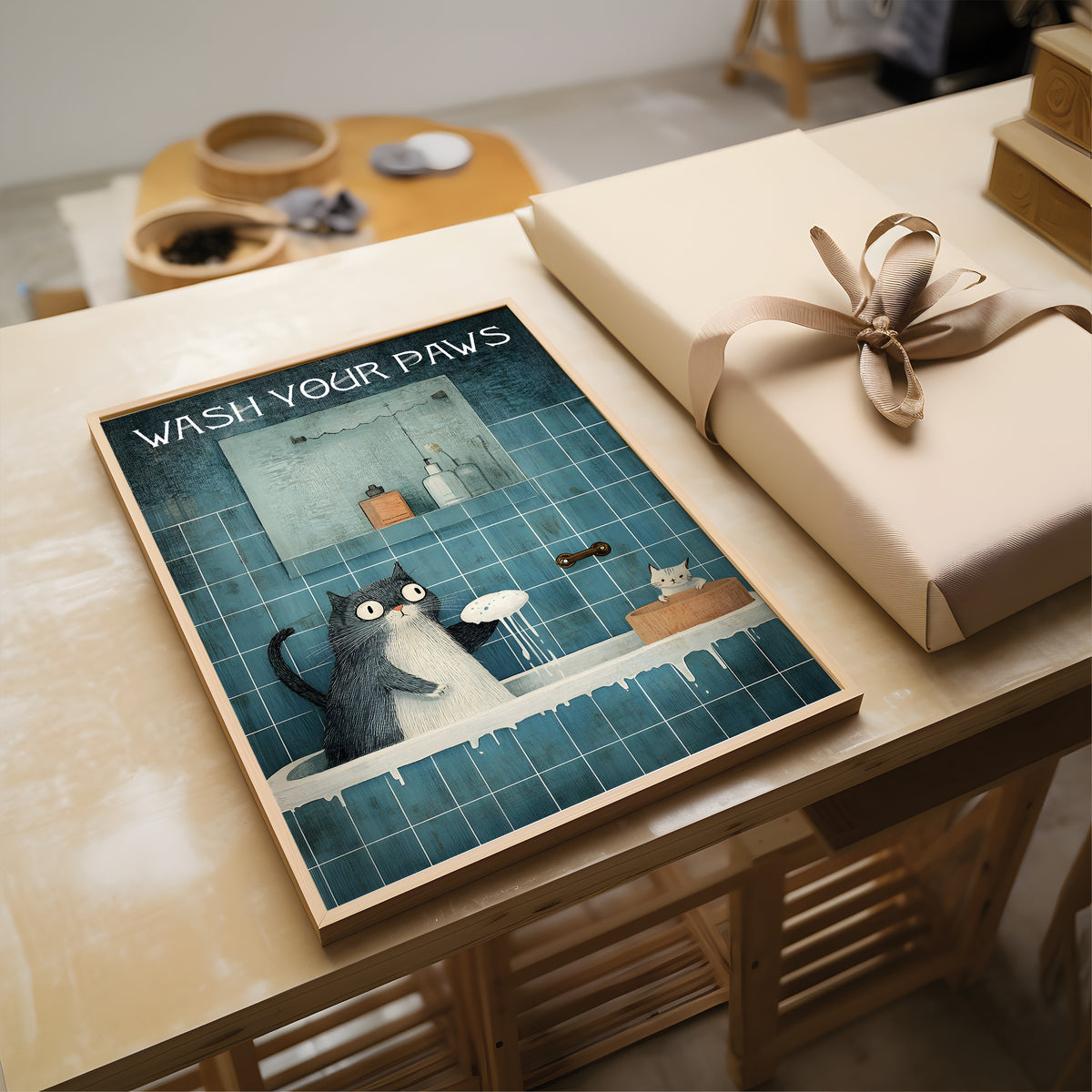 Poster with cartoon cats in a bathroom and wrapped gift on a table