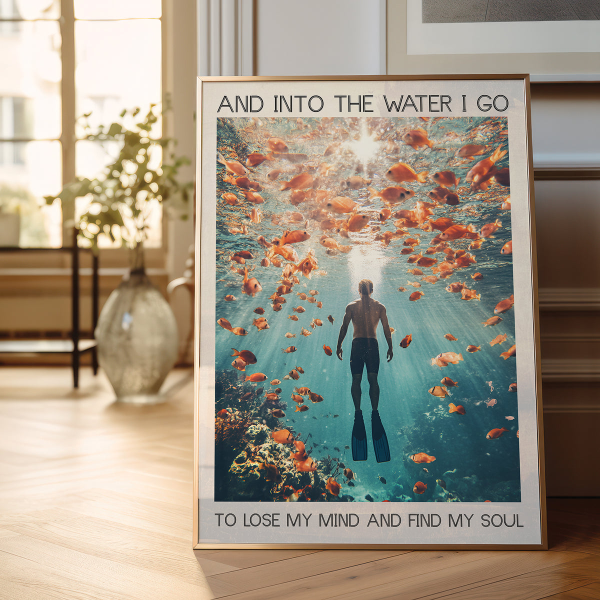 underwater ocean and person underwater with many golden fish around with quote wall art print