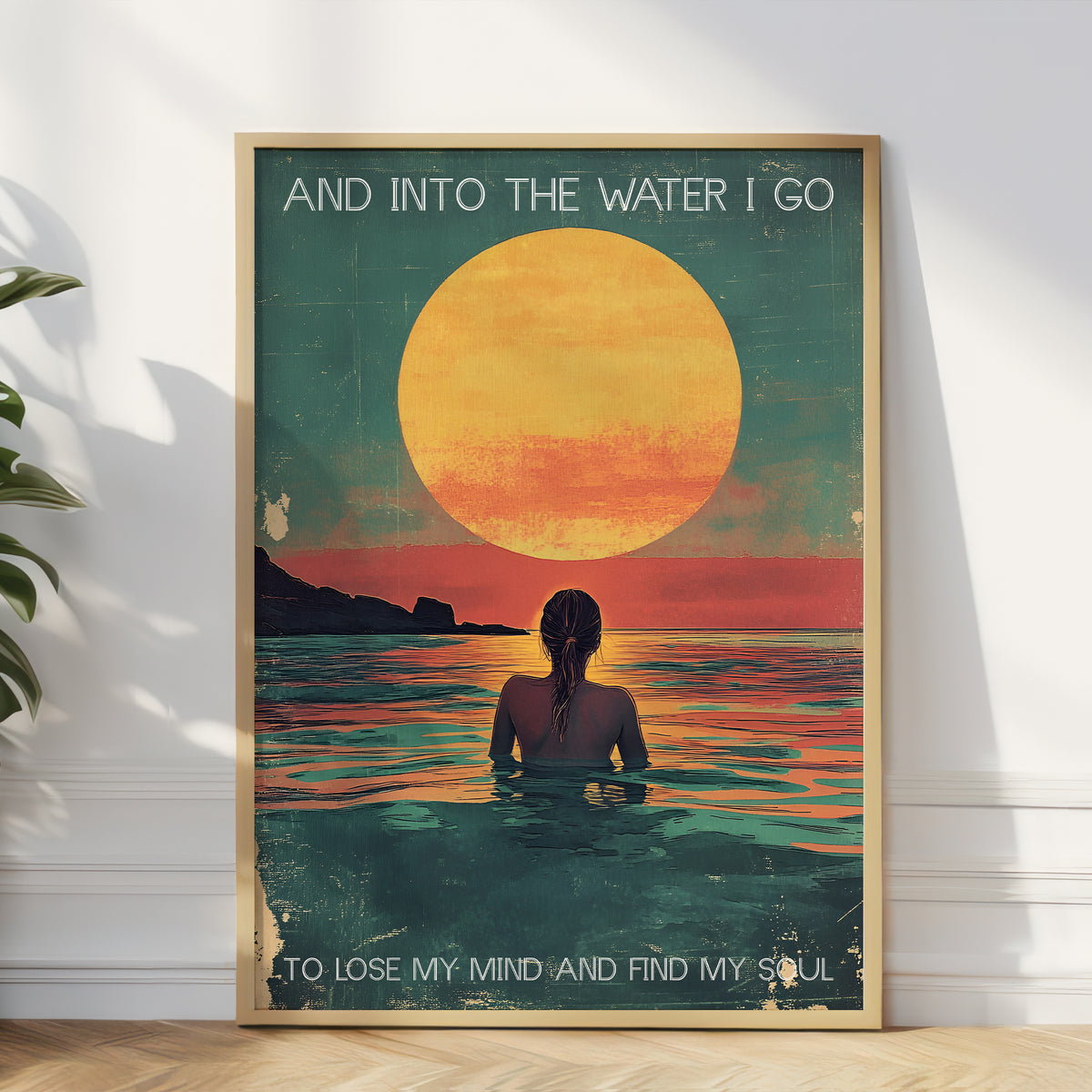 sunset and woman in the ocean vintage art print with quote
