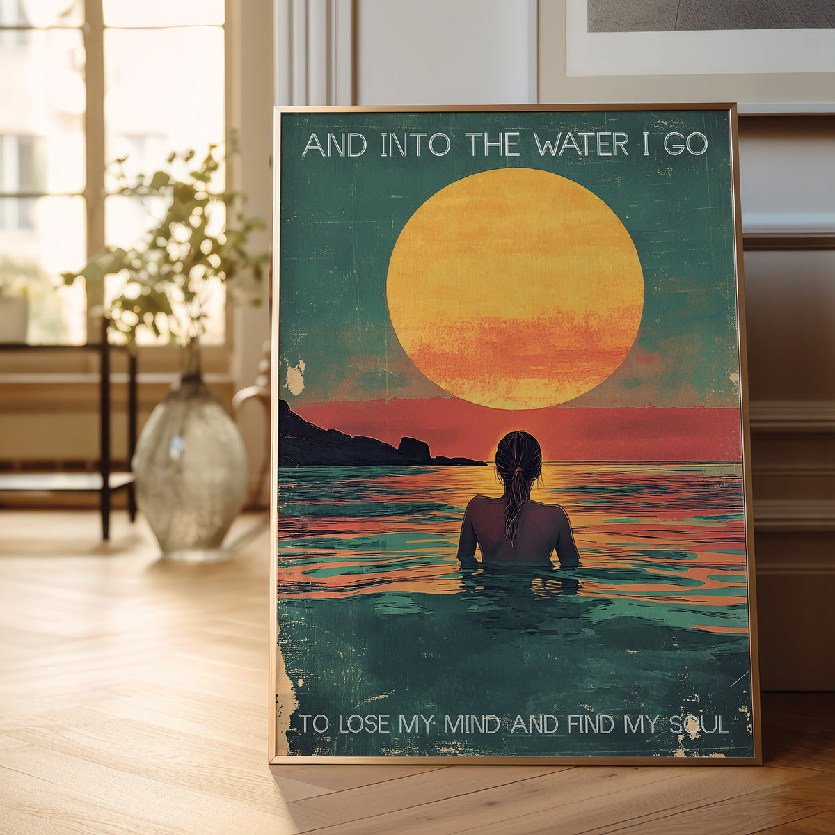 sunset and woman in the ocean vintage art print with quote