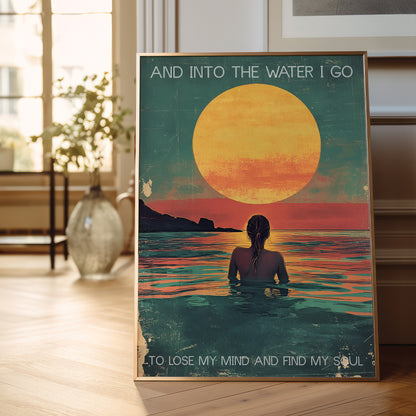 sunset and woman in the ocean vintage art print with quote