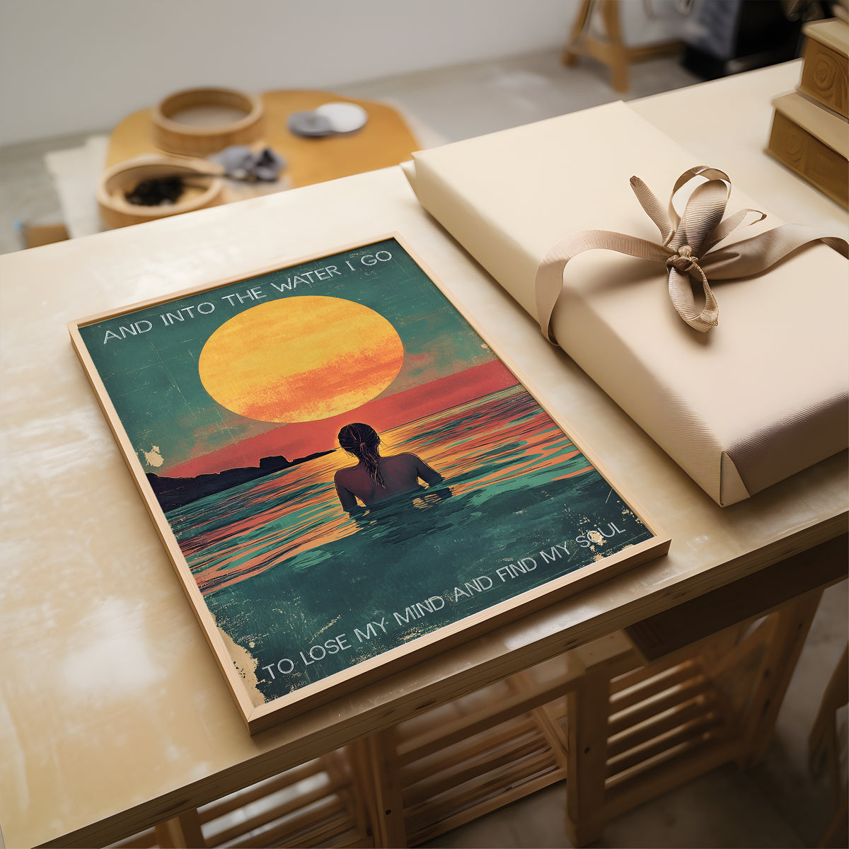 sunset and woman in the ocean vintage art print with quote