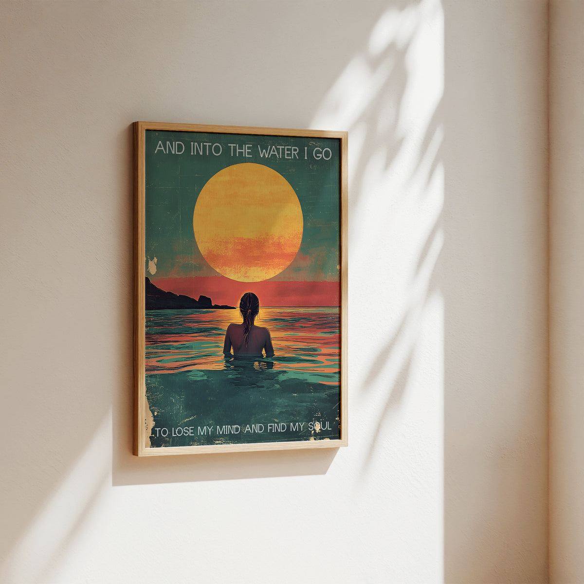 sunset and woman in the ocean vintage art print with quote