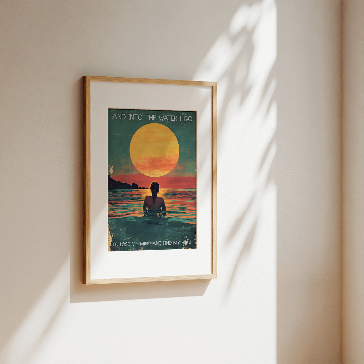 sunset and woman in the ocean vintage art print with quote