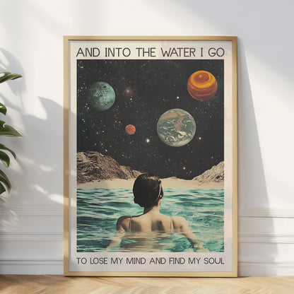 Framed poster of a person in a pool with space-themed background and text.