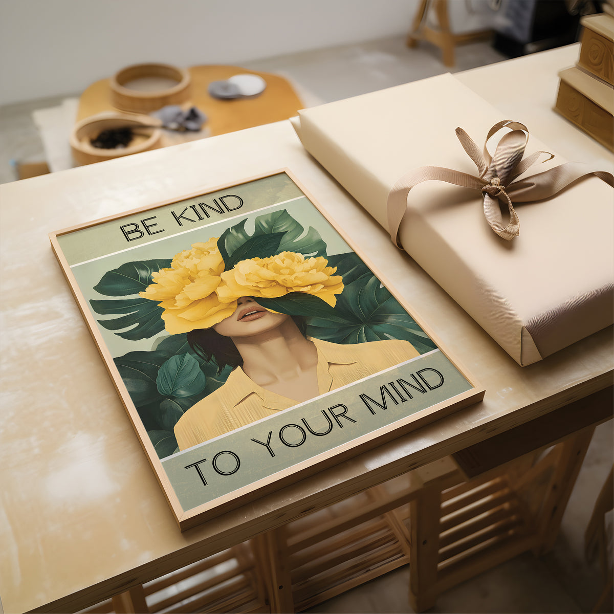 Poster with floral design and motivational quote on a table with a wrapped gift.