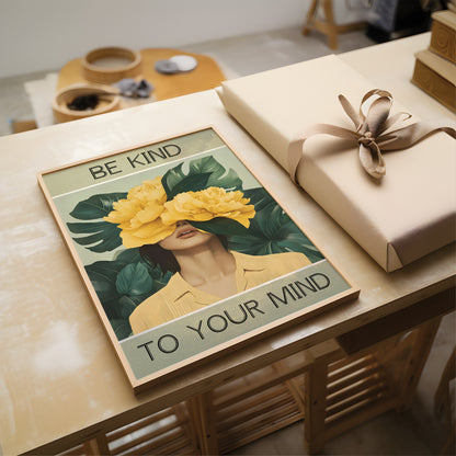 Poster with floral design and motivational quote on a table with a wrapped gift.