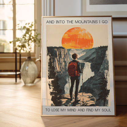 Framed poster of a person hiking with a backpack and poles, set against a mountainous landscape with a sunset.