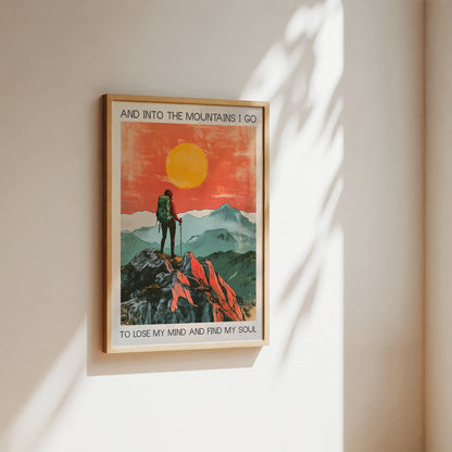 a human in the mountains looking on the sunrise vintage art print with the quote