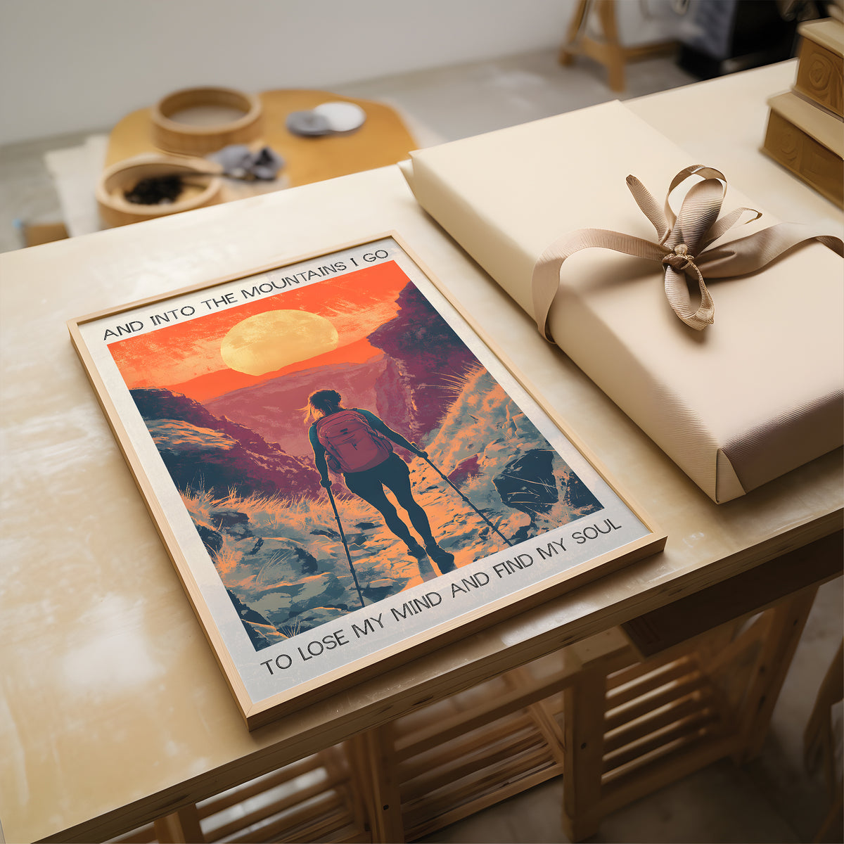 Poster of a hiker in the mountains with a gift on a table