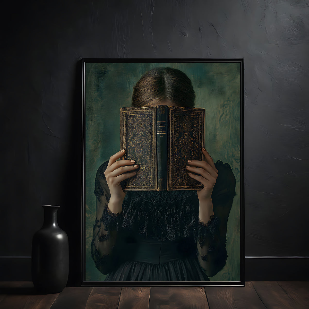 Framed artwork of a woman holding an old book in front of her face against a dark wall.