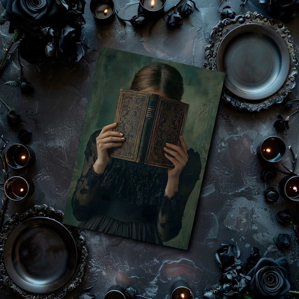 Artistic depiction of a person holding a book over their face on a dark surface with candles and decorative elements.