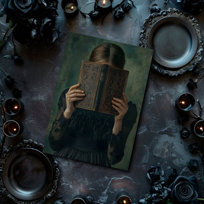 Artistic depiction of a person holding a book over their face on a dark surface with candles and decorative elements.