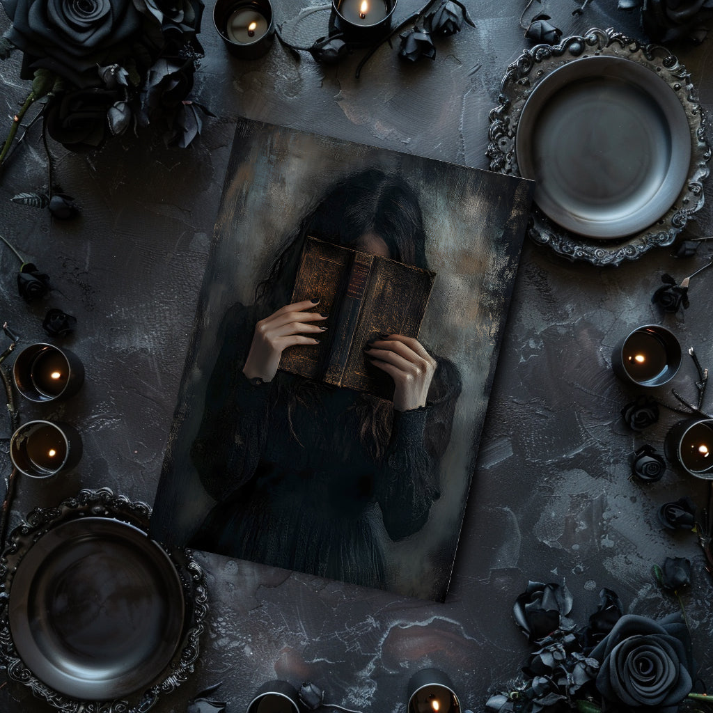 Person reading a book in a dark, gothic setting with candles and black roses.
