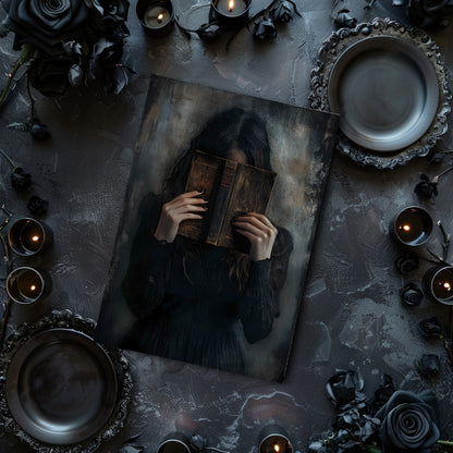 Person reading a book in a dark, gothic setting with candles and black roses.