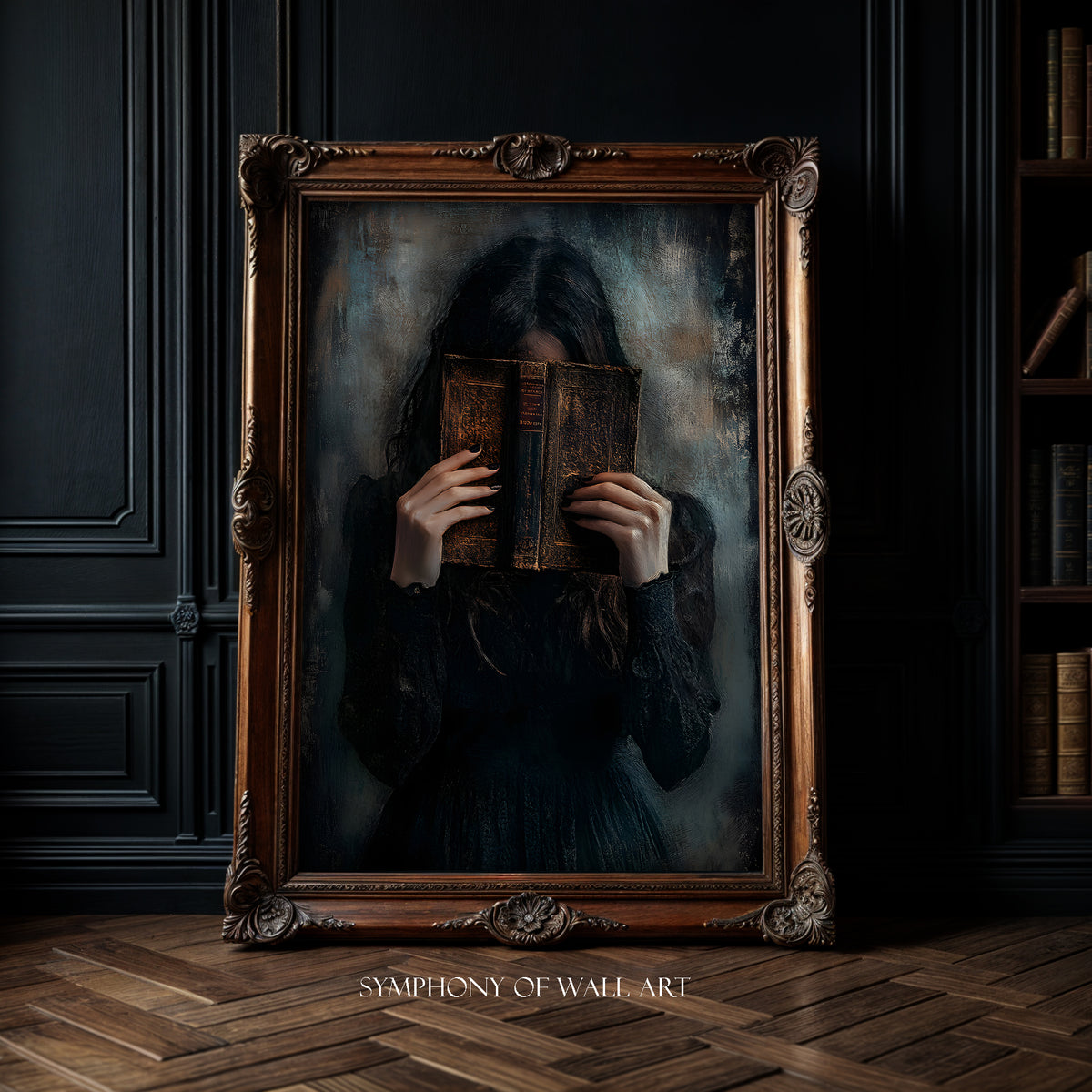 Framed artwork of a person holding an old book in a dark room with bookshelves.