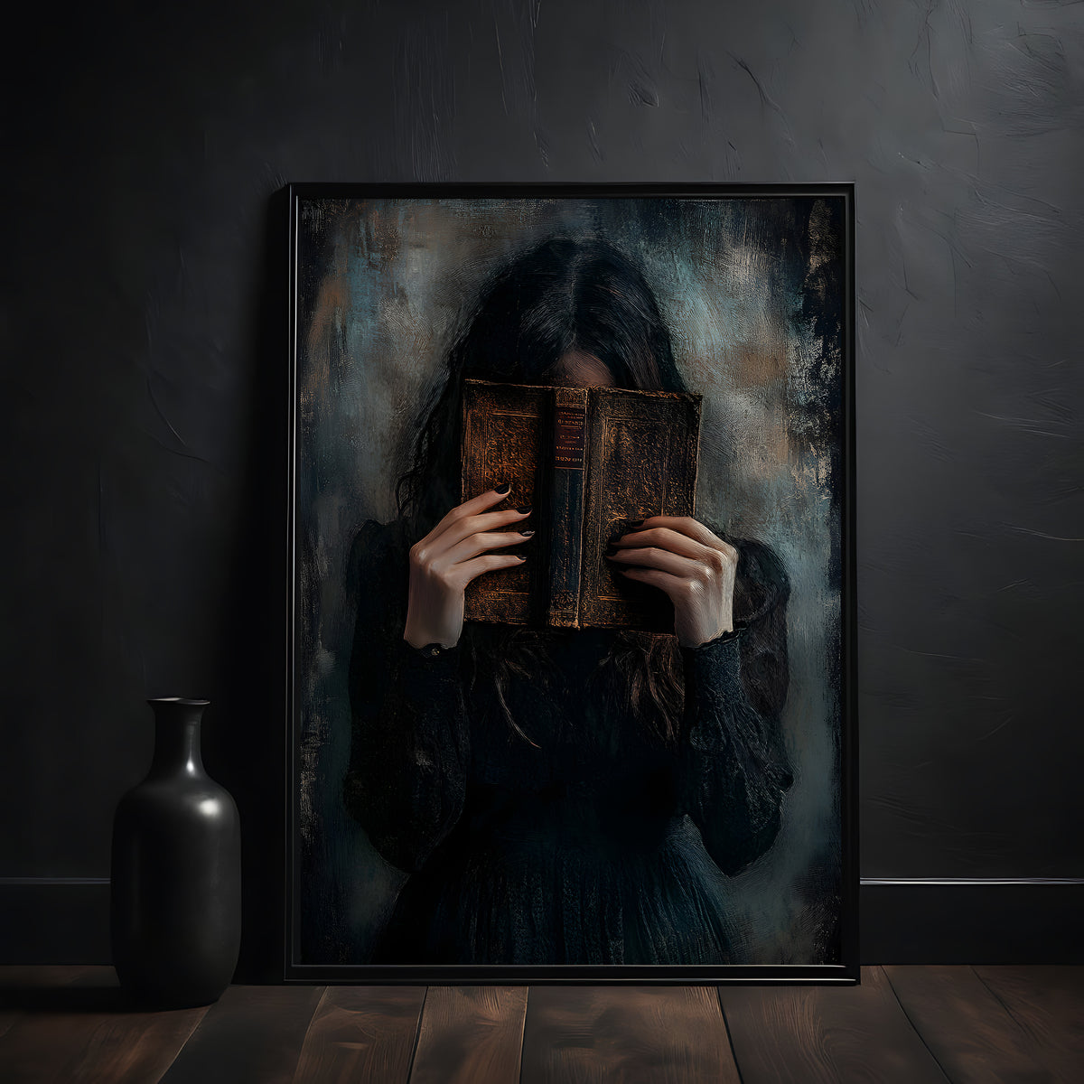 Framed artwork of a person holding an old book in front of their face against a dark background.