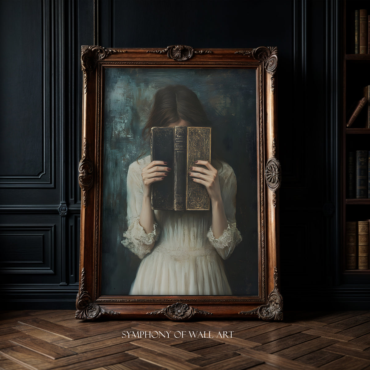 Framed artwork of a woman holding books in front of her face against a dark wall.