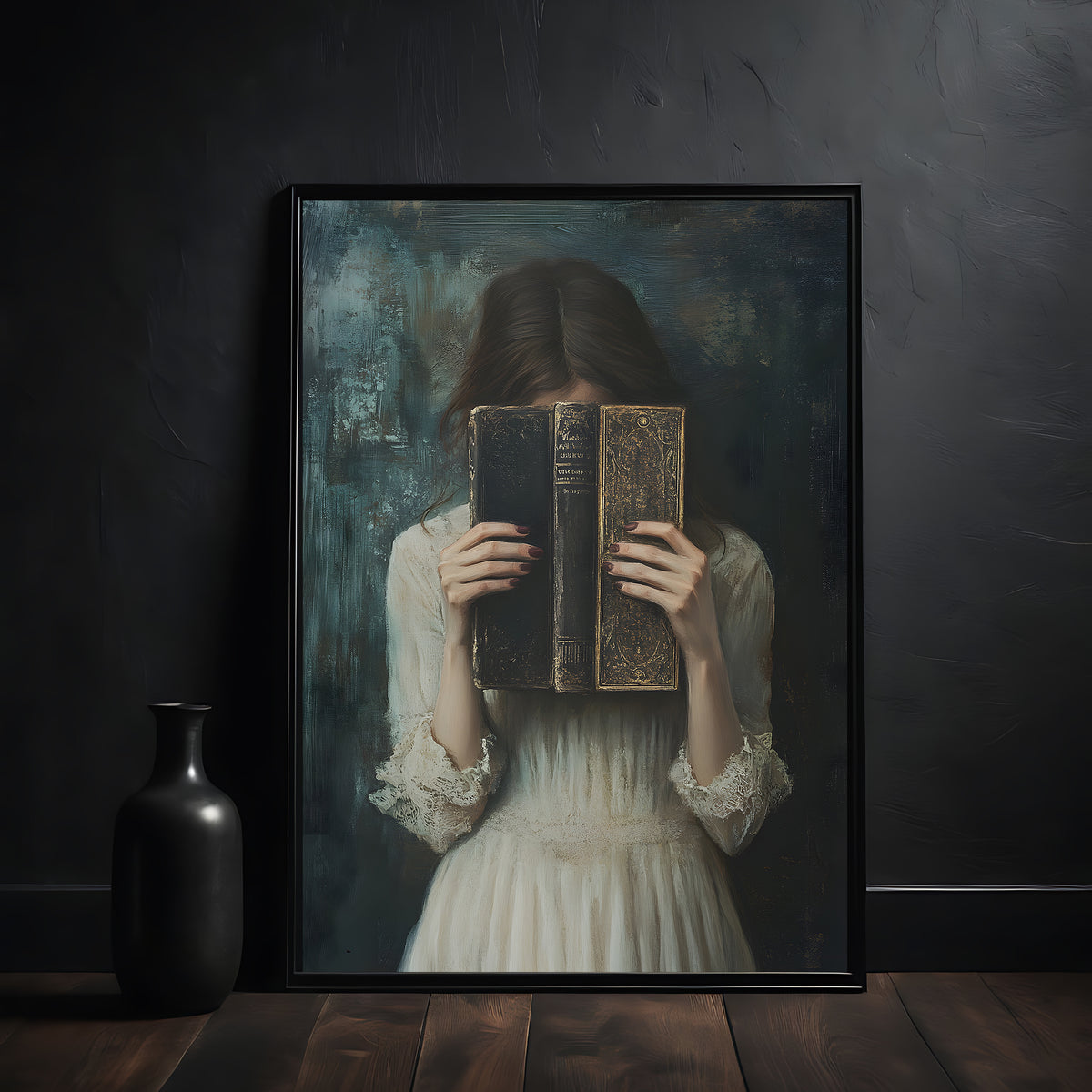 Framed artwork of a woman holding an old book in front of her face against a dark background.
