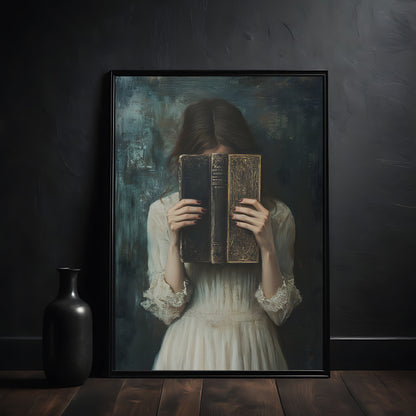 Framed artwork of a woman holding an old book in front of her face against a dark background.