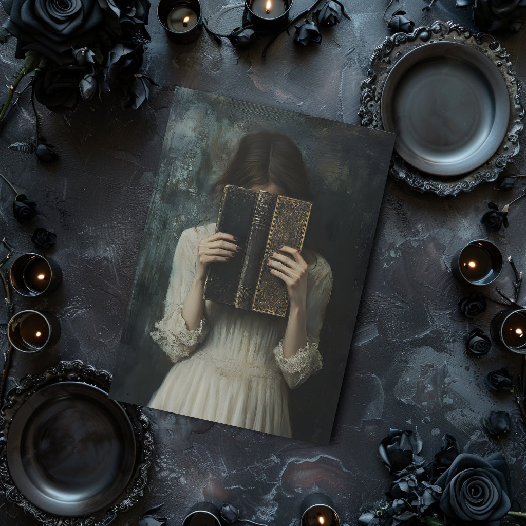 Artistic depiction of a woman holding a book with dark roses and candles around her.