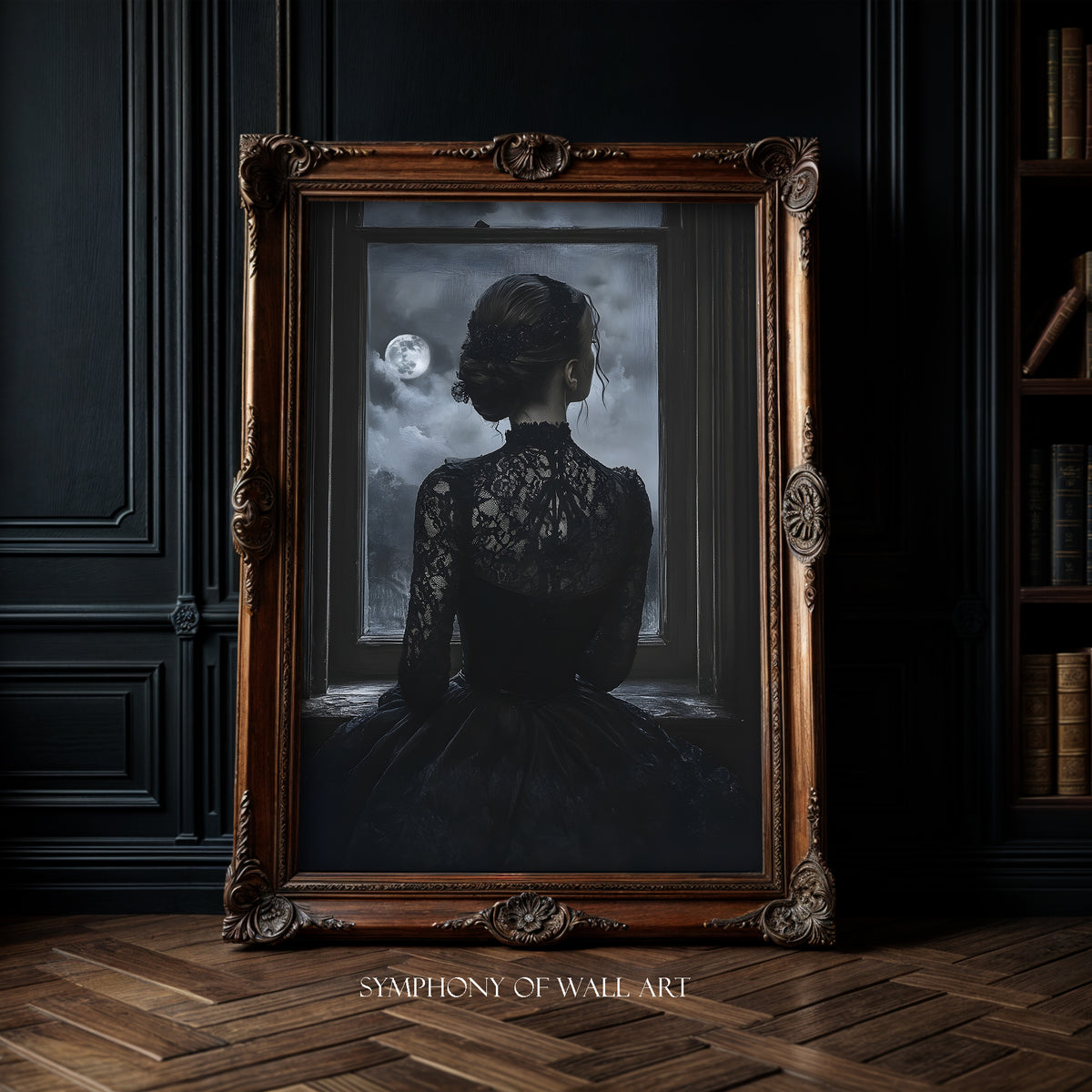 Framed artwork of a woman in a dark dress looking out a window with a full moon, in a room with dark walls and wooden floor.