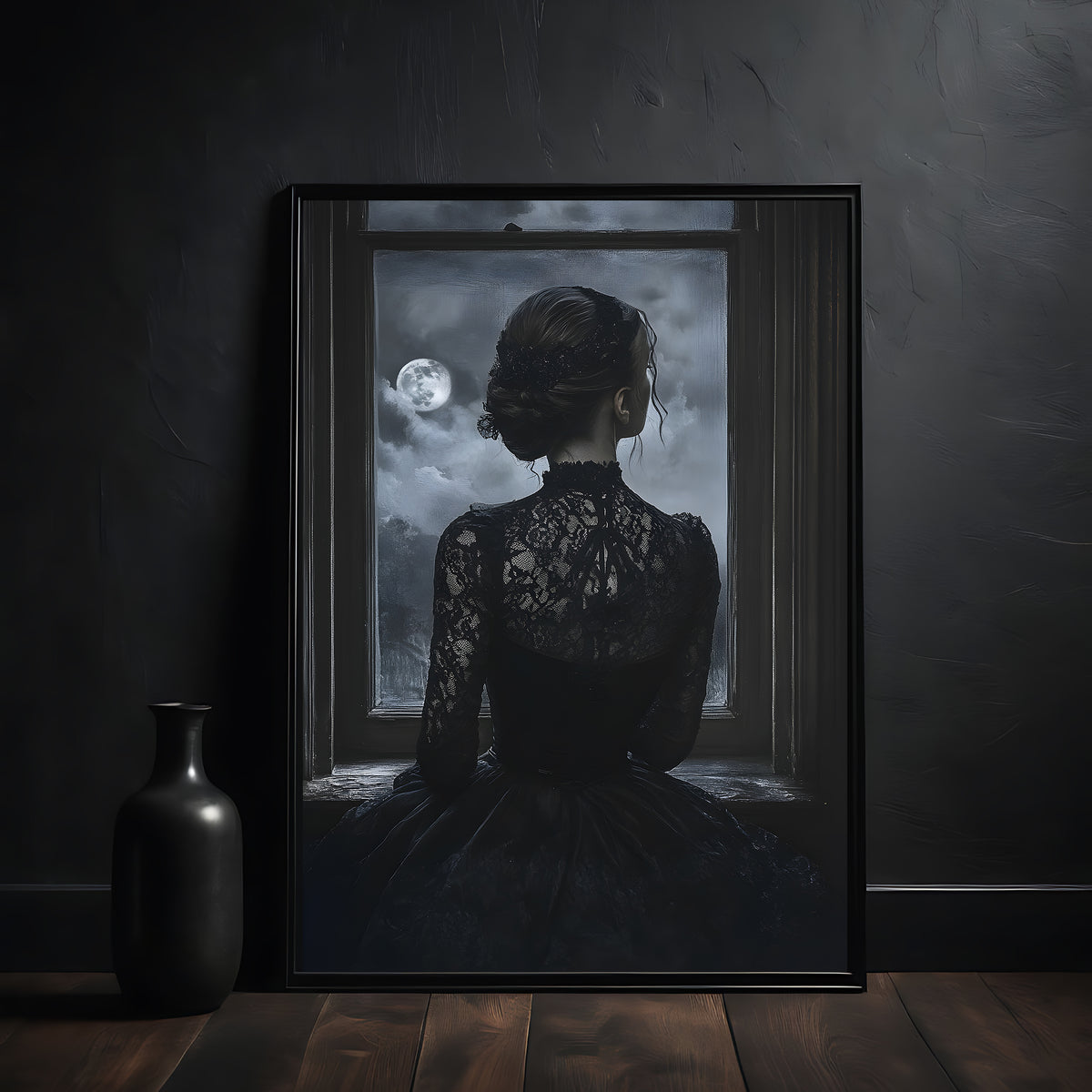 Framed artwork of a woman in a lace dress looking out a window with a moonlit sky.