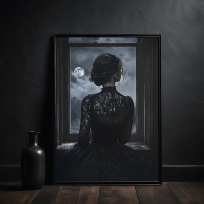 Framed artwork of a woman in a lace dress looking out a window with a moonlit sky.