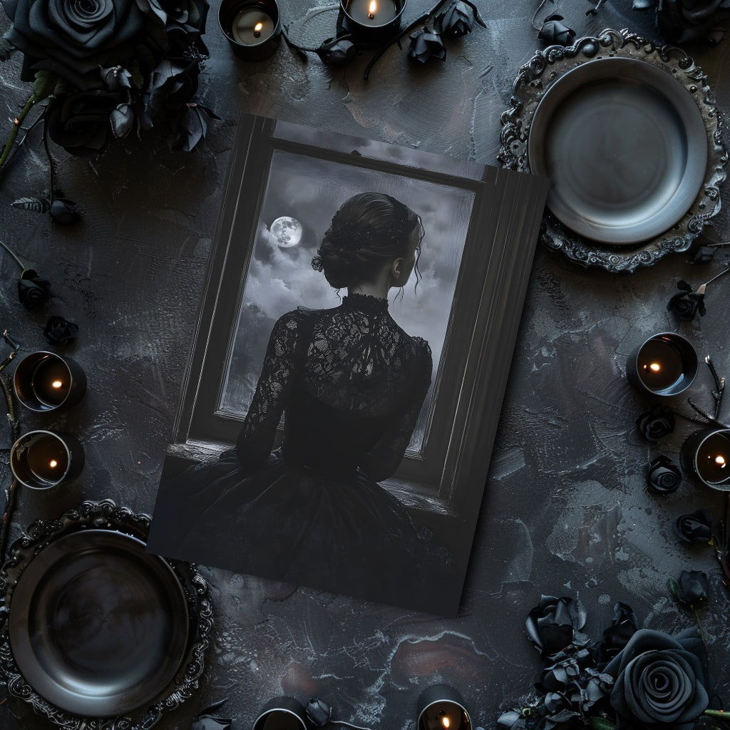 Framed artwork of a woman looking out a window with candles and dark roses on a dark surface