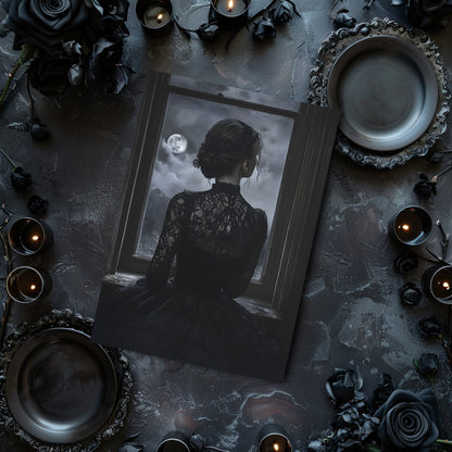 Framed artwork of a woman looking out a window with candles and dark roses on a dark surface