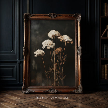 Dark Academia Art Print - Queens Anne Lace Flower Field In The Dark