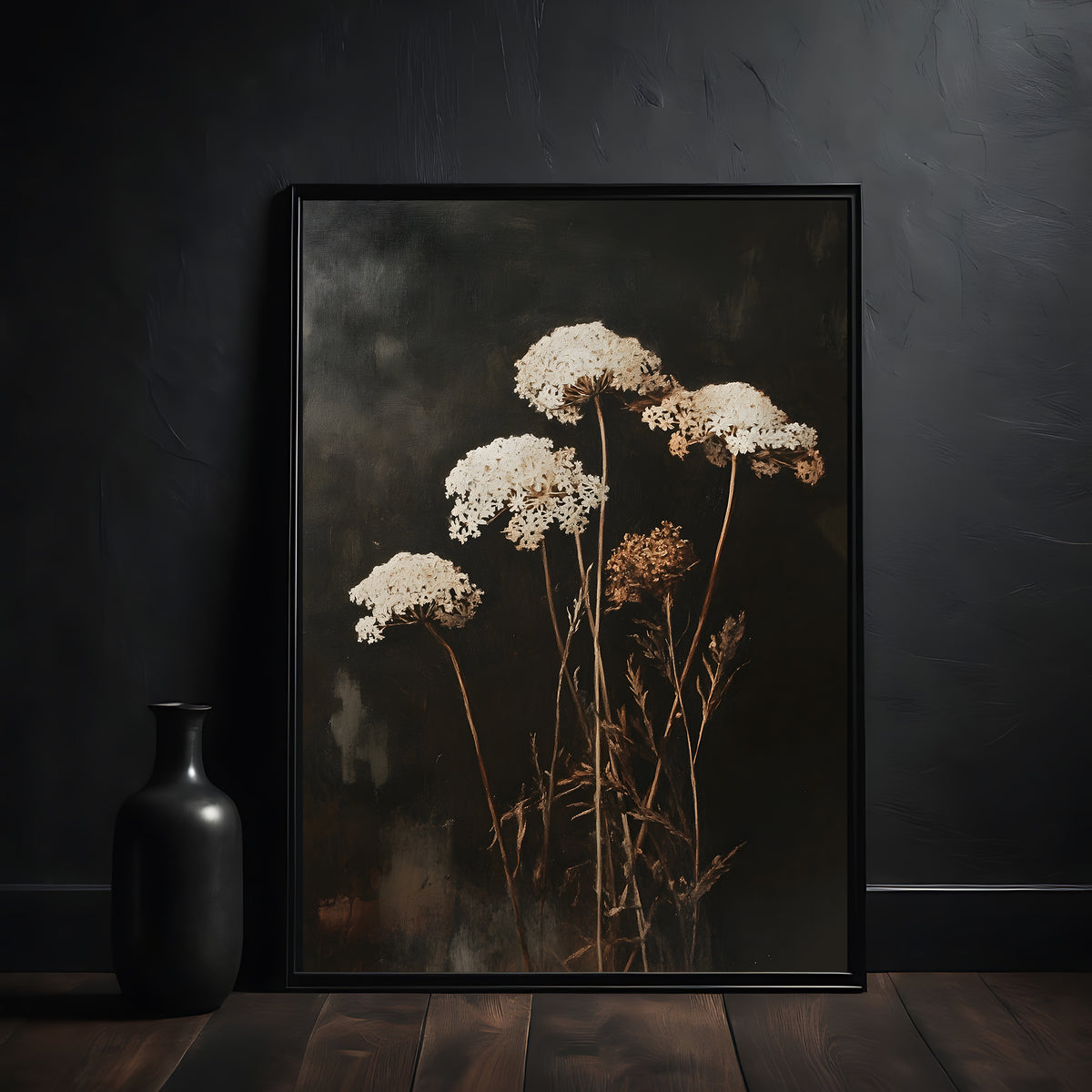 Dark Academia Art Print - Queens Anne Lace Flower Field In The Dark