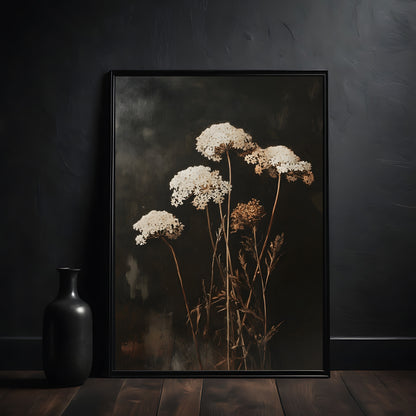 Dark Academia Art Print - Queens Anne Lace Flower Field In The Dark