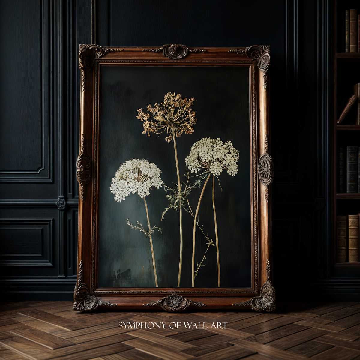 Framed artwork of pressed flowers on a dark background, with 'Symphony of Wall Art' branding.