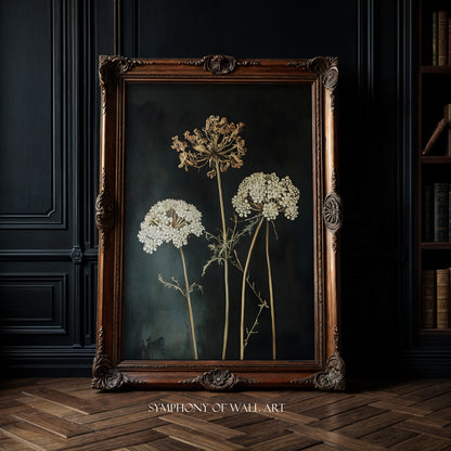 Framed artwork of pressed flowers on a dark background, with 'Symphony of Wall Art' branding.