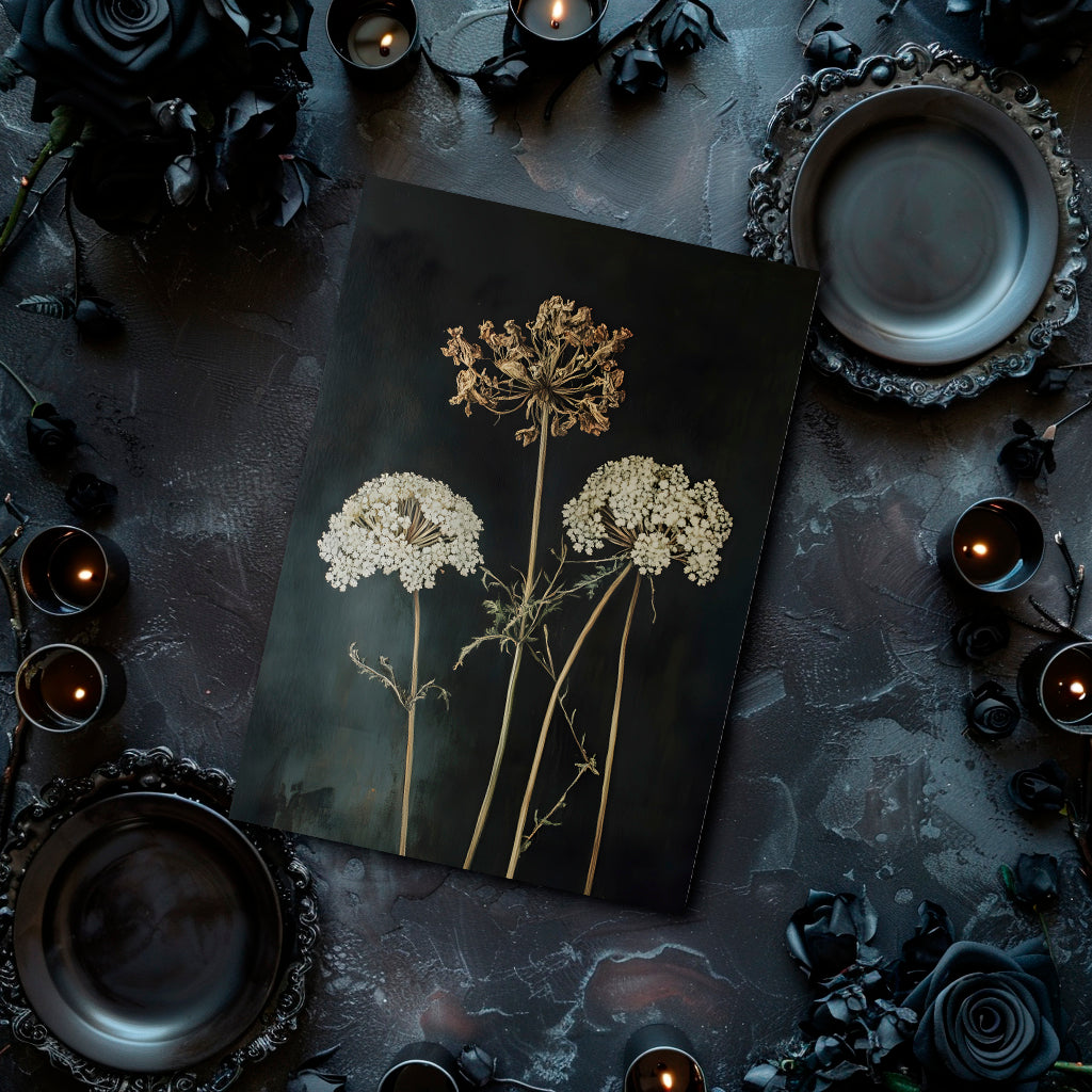 Dark table setting with floral arrangement and candles
