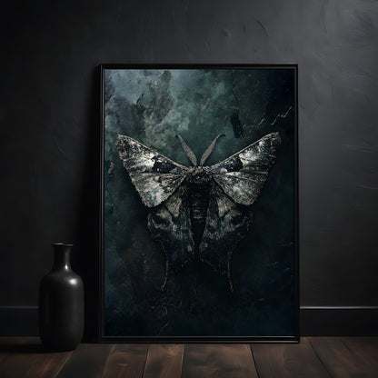 Framed artwork of a butterfly on a dark textured background, placed on a wooden surface with a black vase beside it.