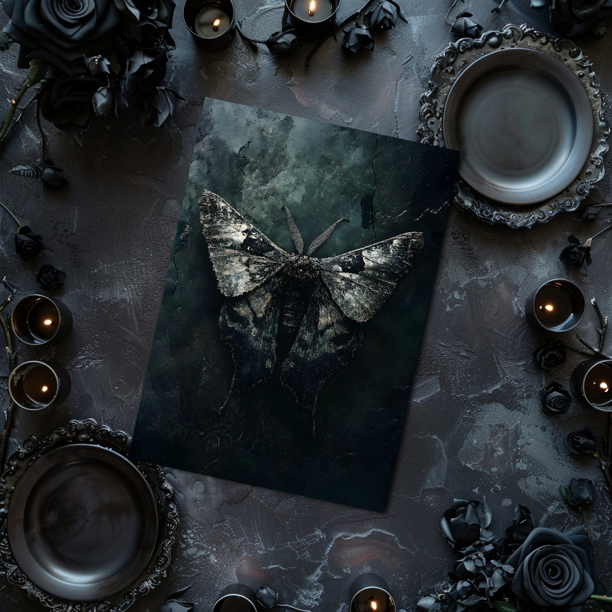 Gothic-style table setting with moth on black paper, candles, and dark flowers.