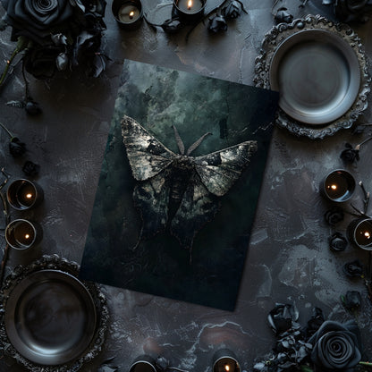 Gothic-style table setting with moth on black paper, candles, and dark flowers.