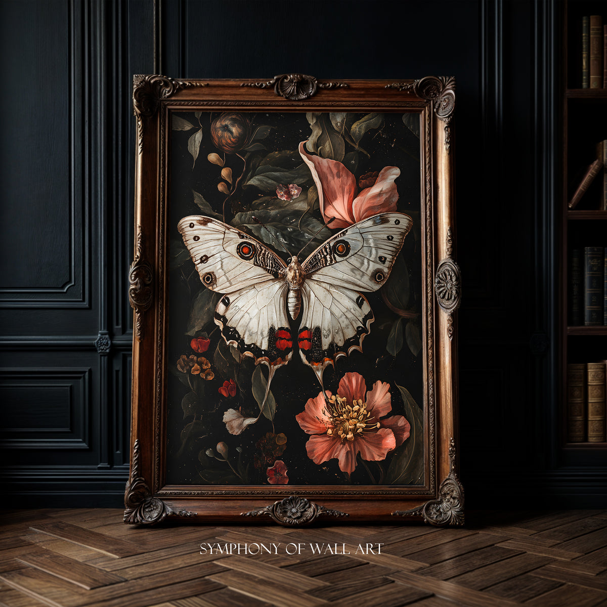 Decorative painting of a butterfly and flowers in an ornate wooden frame, with 'Symphony of Wall Art' branding.
