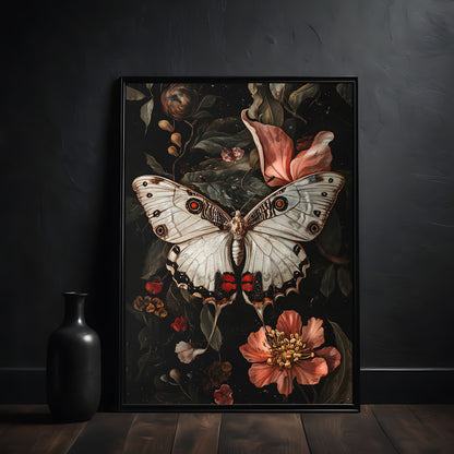 Framed artwork of a butterfly and flowers on a dark background