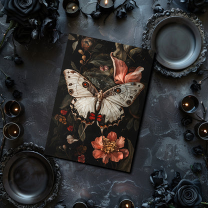 Butterfly and floral design on a dark surface with candles and decorative elements.