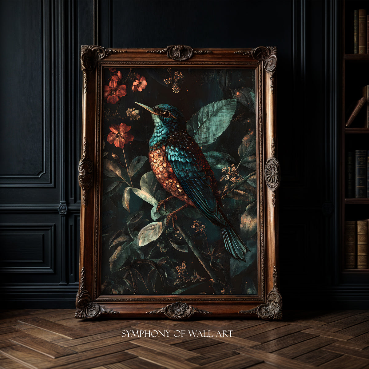 Decorative painting of a bird on a branch with flowers in an ornate wooden frame, displayed in a room with dark walls and wooden floor.
