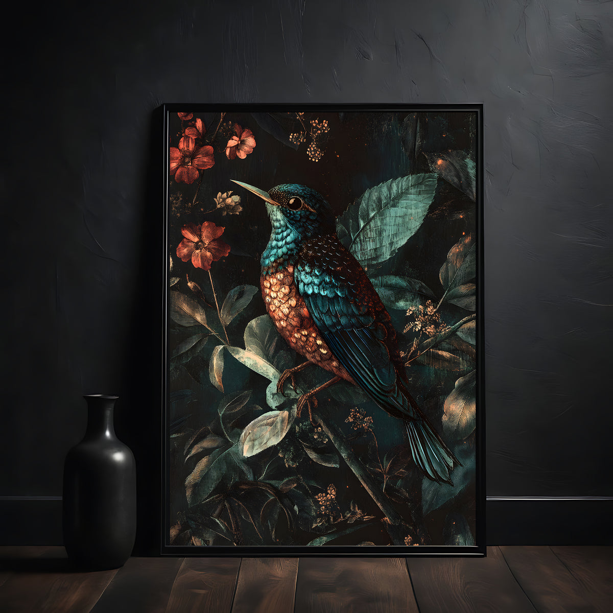 Framed artwork of a bird and flowers on a dark background