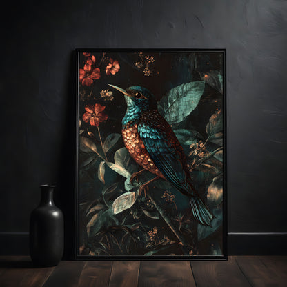 Framed artwork of a bird and flowers on a dark background