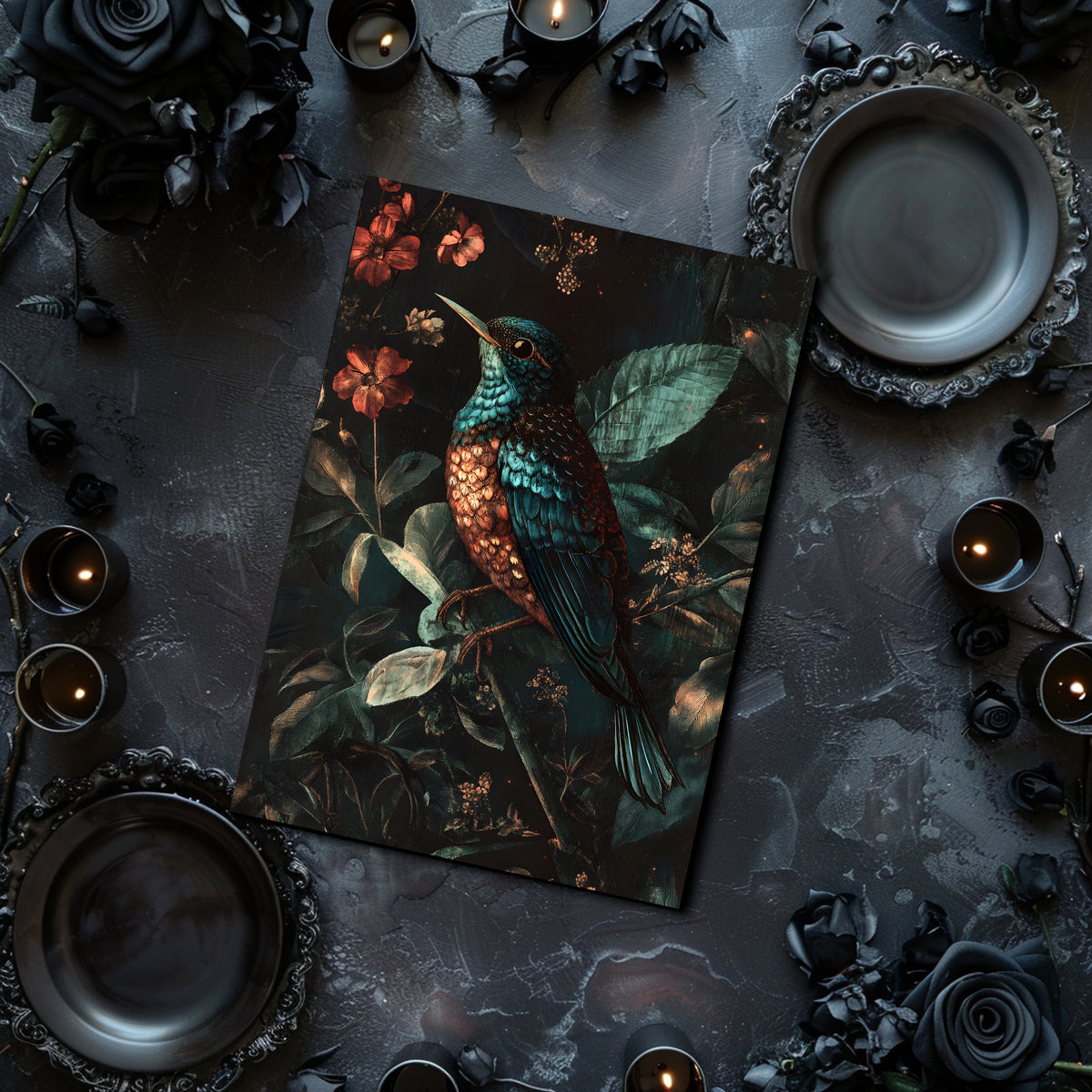 Decorative card with a bird design on a dark surface with candles and flowers.