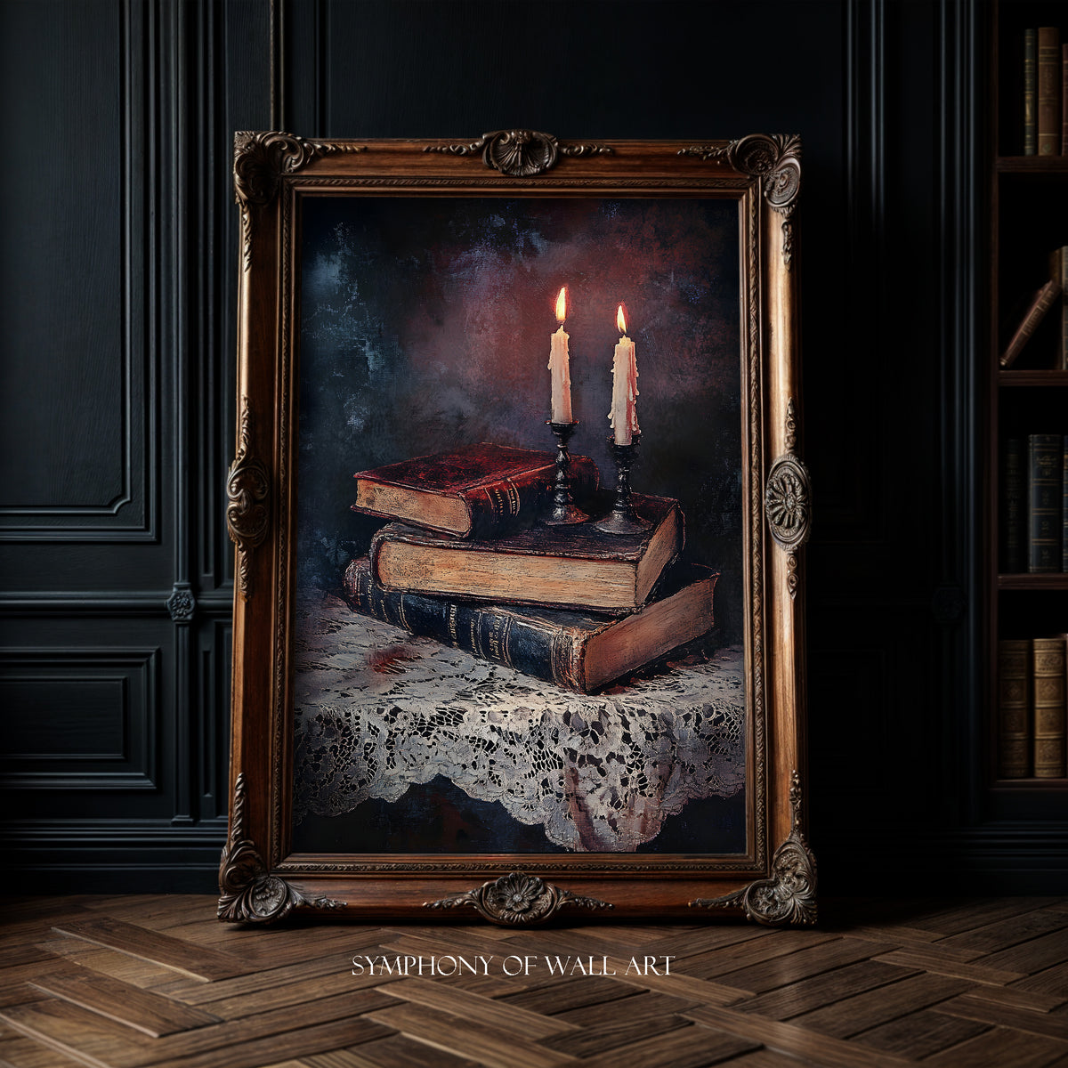 Framed artwork of books and candles on a dark background, with 'Symphony of Wall Art' branding.